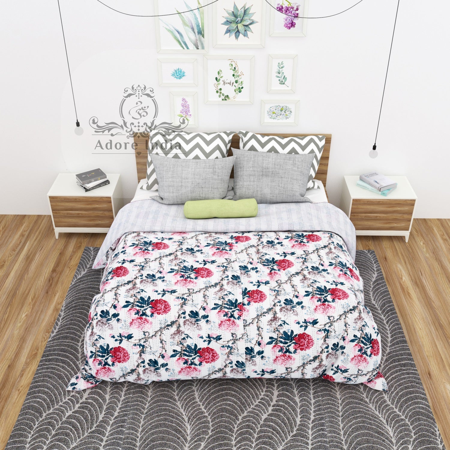 Handmade Magical Flower Printed Cotton Reversible Kantha Quilt Bedspread Throw - Adore India   