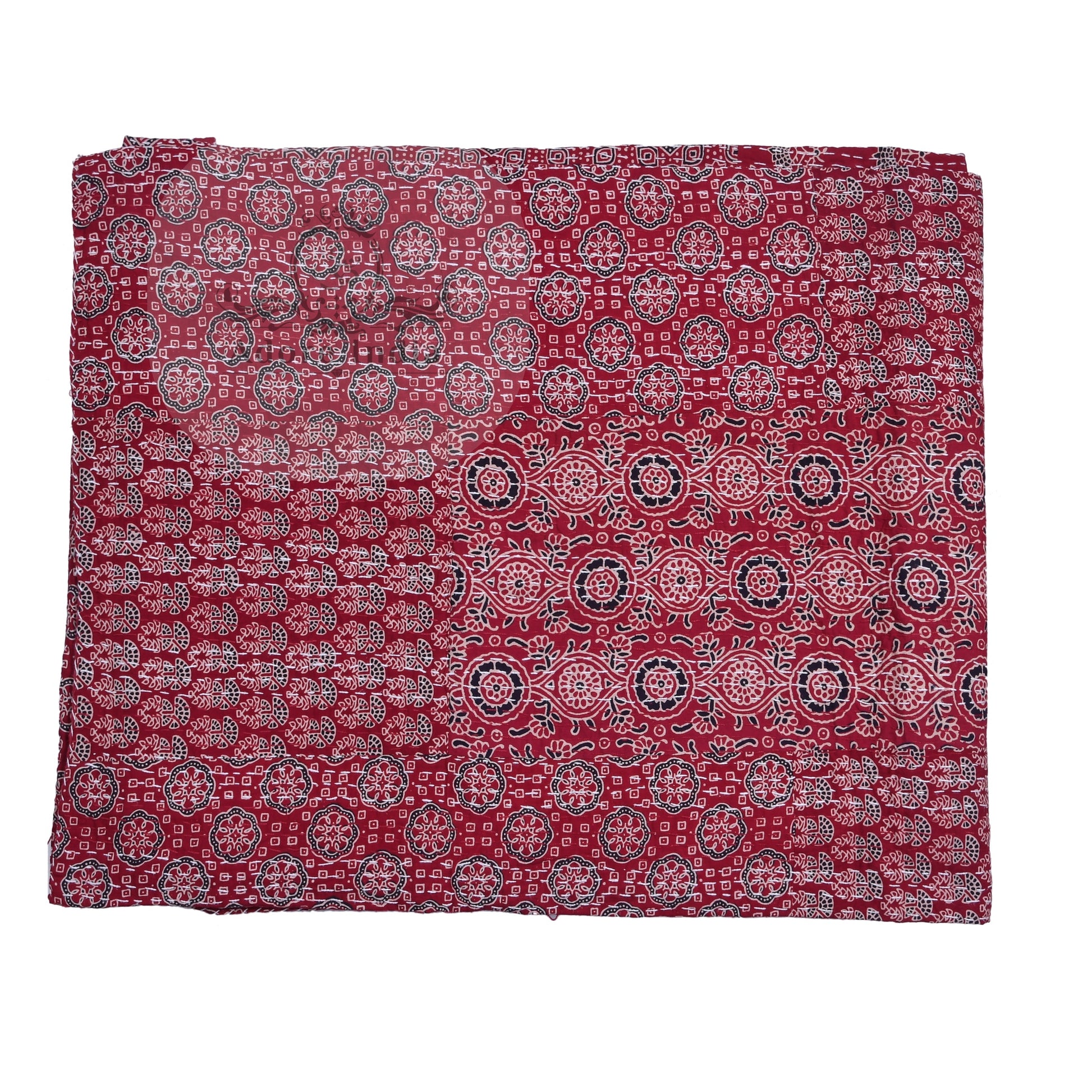 Red Block Print Patchwork Cotton Kantha Quilt Bedspread - Adore India   