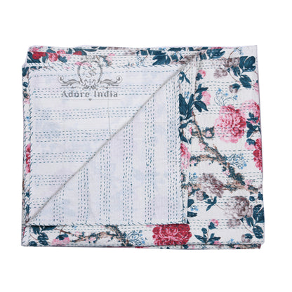 Handmade Magical Flower Printed Cotton Reversible Kantha Quilt Bedspread Throw - Adore India   