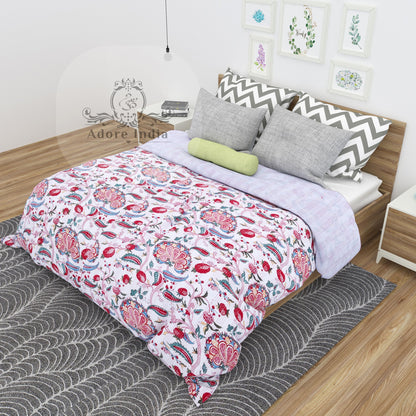 Handmade Melanie Flower Printed Cotton Reversible Kantha Quilt Bedspread Throw - Adore India   