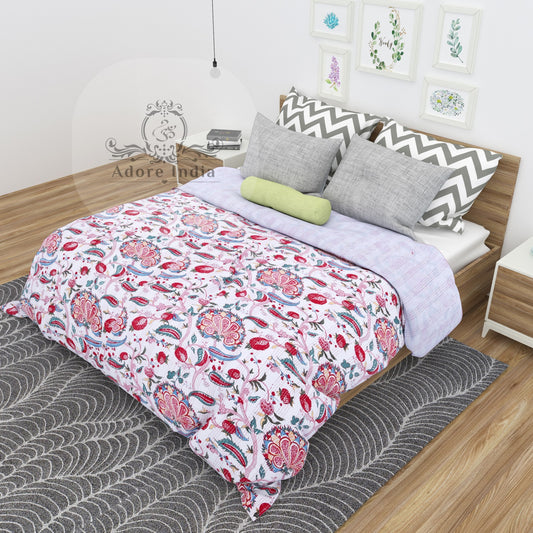 Handmade Melanie Flower Printed Cotton Reversible Kantha Quilt Bedspread Throw - Adore India   