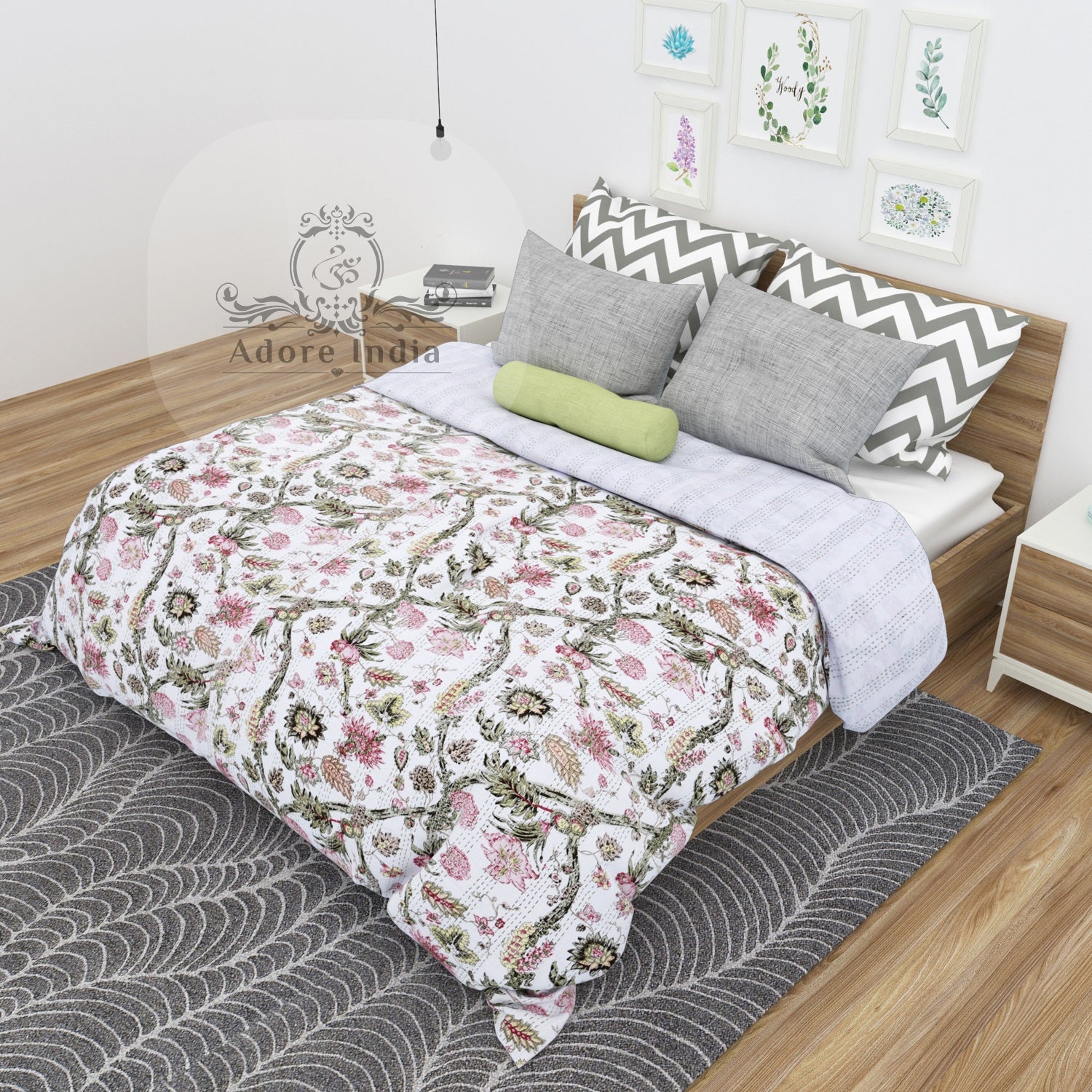 Handmade Divinity Floral Printed Cotton Reversible Kantha Quilt Bedspread Throw - Adore India   