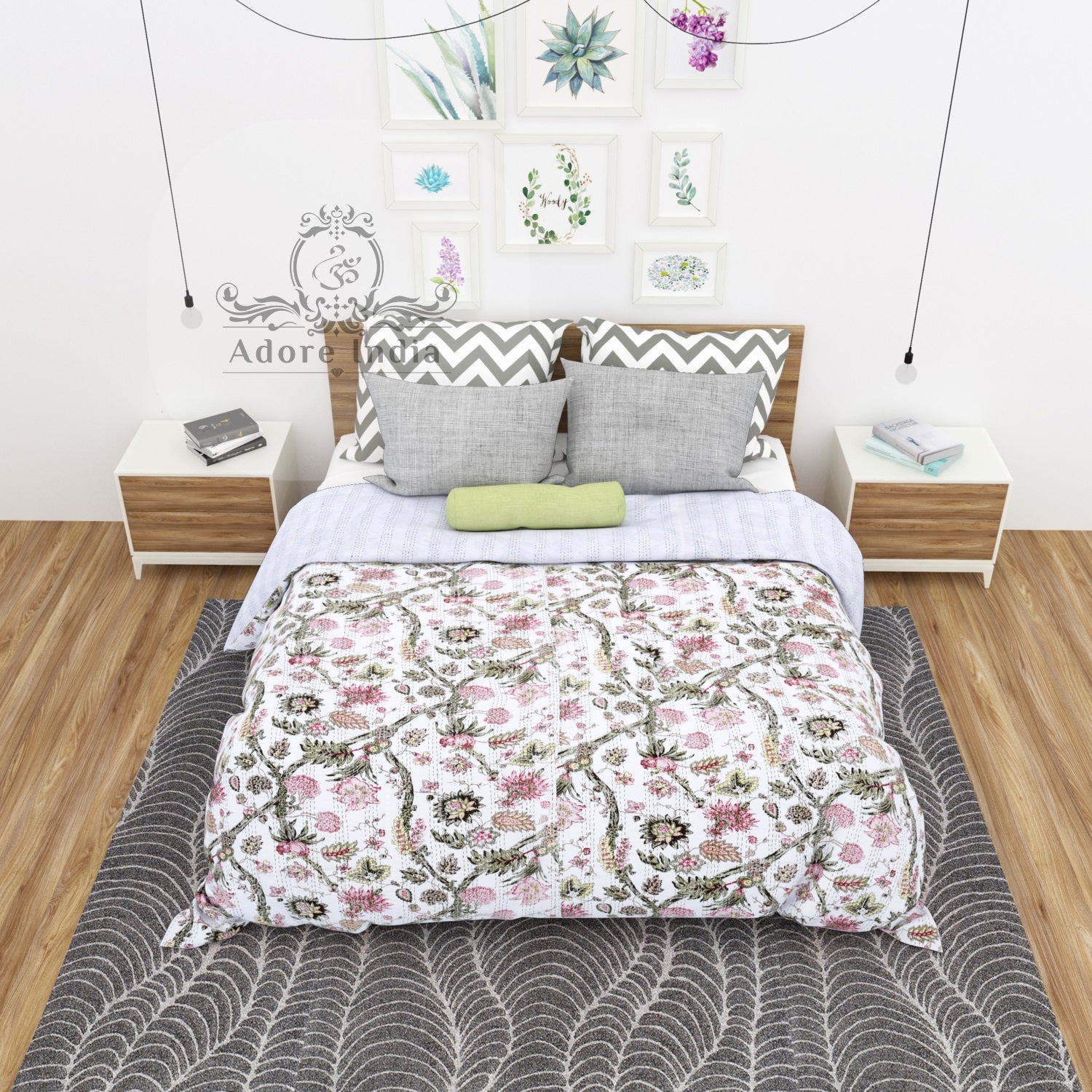 Handmade Divinity Floral Printed Cotton Reversible Kantha Quilt Bedspread Throw - Adore India   
