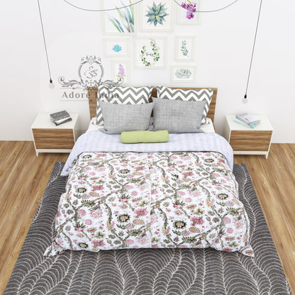 Handmade Divinity Floral Printed Cotton Reversible Kantha Quilt Bedspread Throw - Adore India   