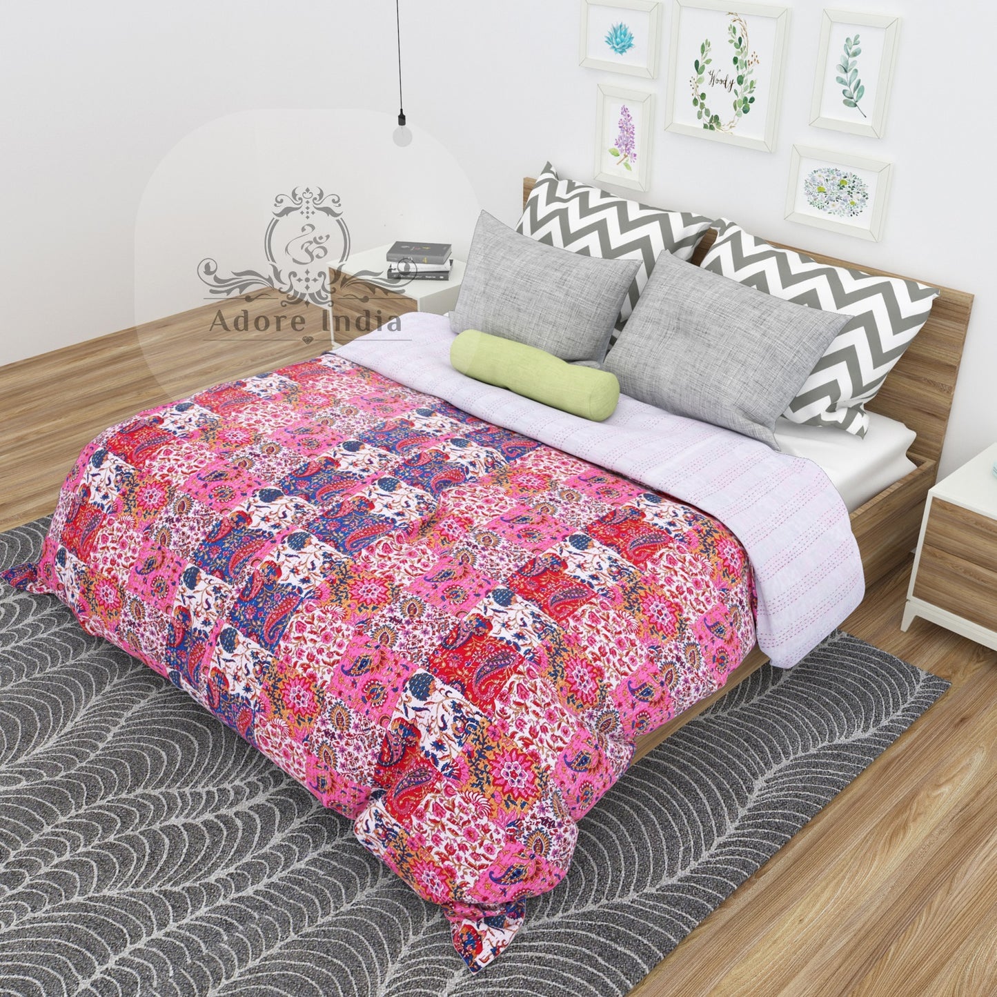 Pink Paisley Print Patchwork Cotton Kantha Quilt Bedspread - Adore India   