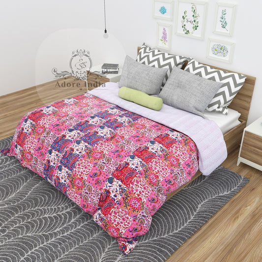 Pink Paisley Print Patchwork Cotton Kantha Quilt Bedspread - Adore India   