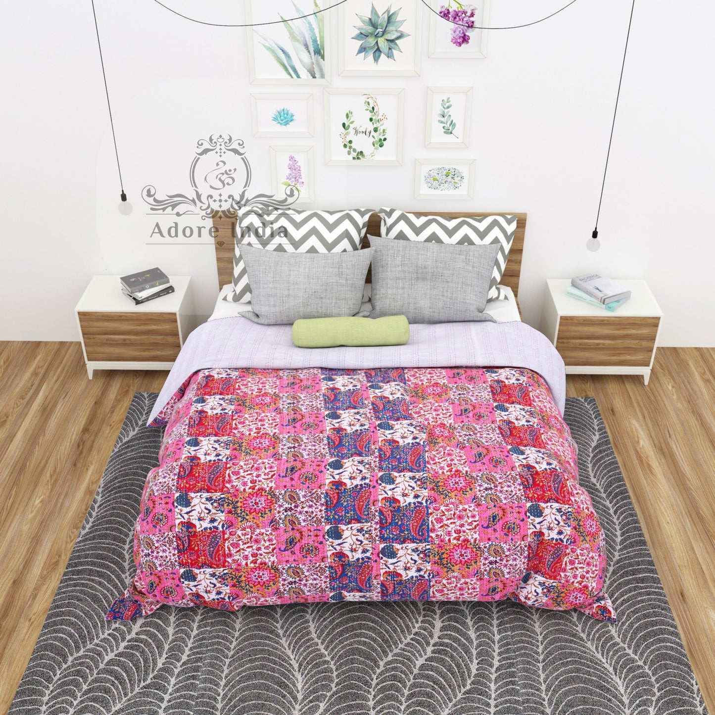 Pink Paisley Print Patchwork Cotton Kantha Quilt Bedspread - Adore India   