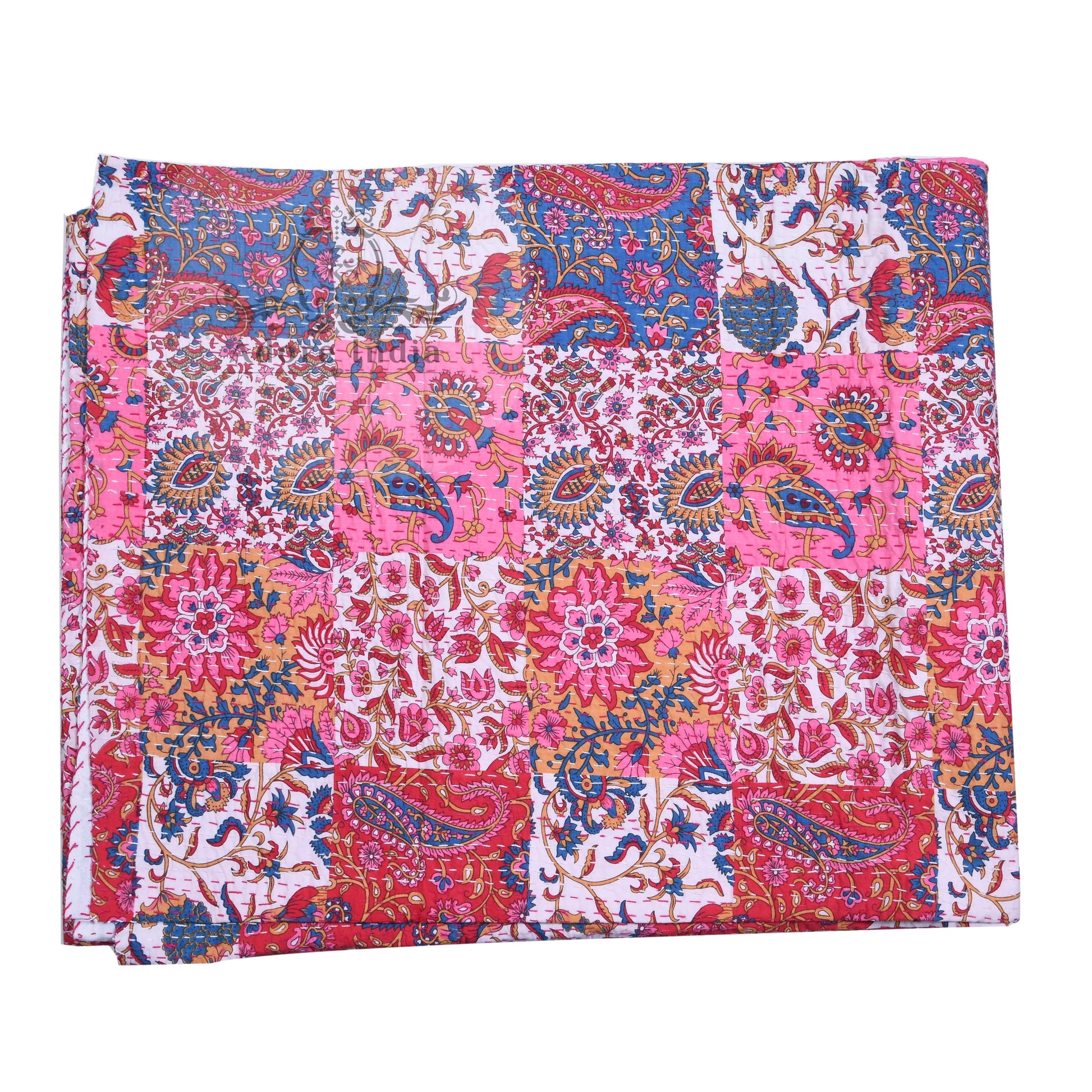 Pink Paisley Print Patchwork Cotton Kantha Quilt Bedspread - Adore India   
