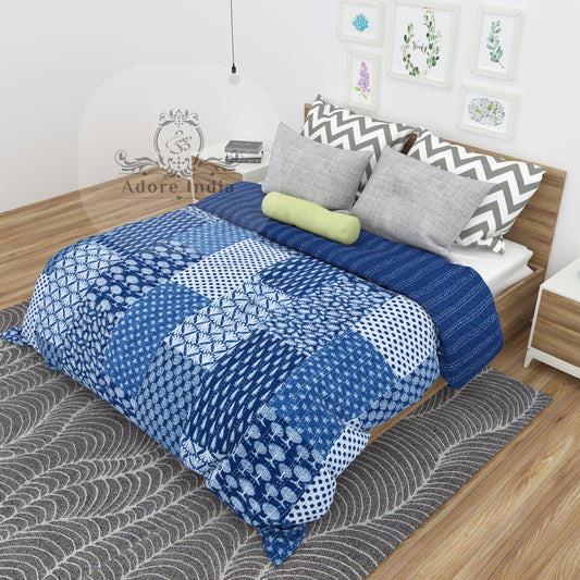 Indigo Block Print Patchwork Cotton Reversible Kantha Quilt Bedspread - Adore India   