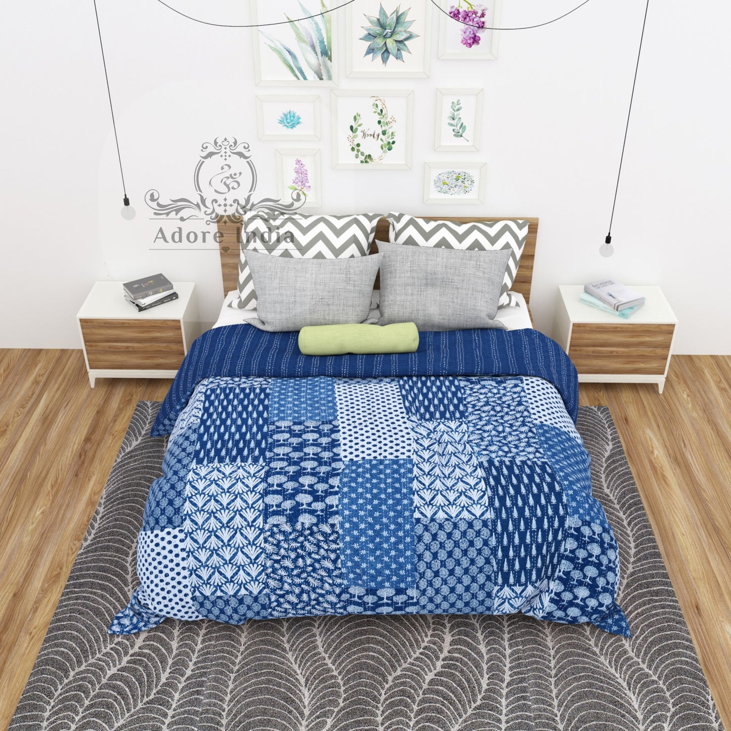 Indigo Block Print Patchwork Cotton Reversible Kantha Quilt Bedspread - Adore India   