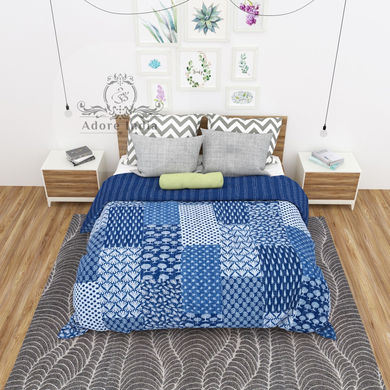 Indigo Block Print Patchwork Cotton Reversible Kantha Quilt Bedspread - Adore India   