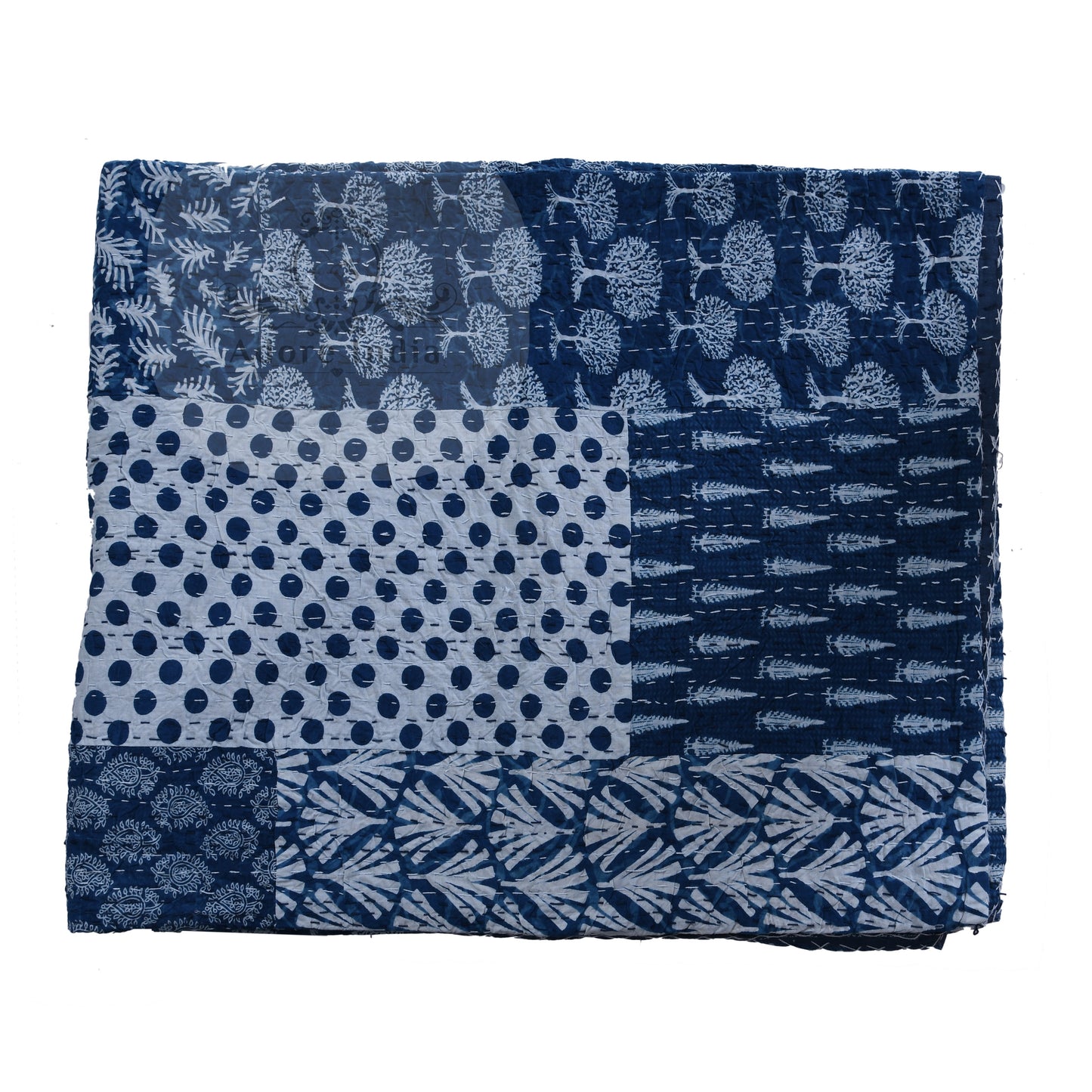 Indigo Block Print Patchwork Cotton Reversible Kantha Quilt Bedspread - Adore India   