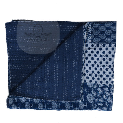 Indigo Block Print Patchwork Cotton Reversible Kantha Quilt Bedspread - Adore India   