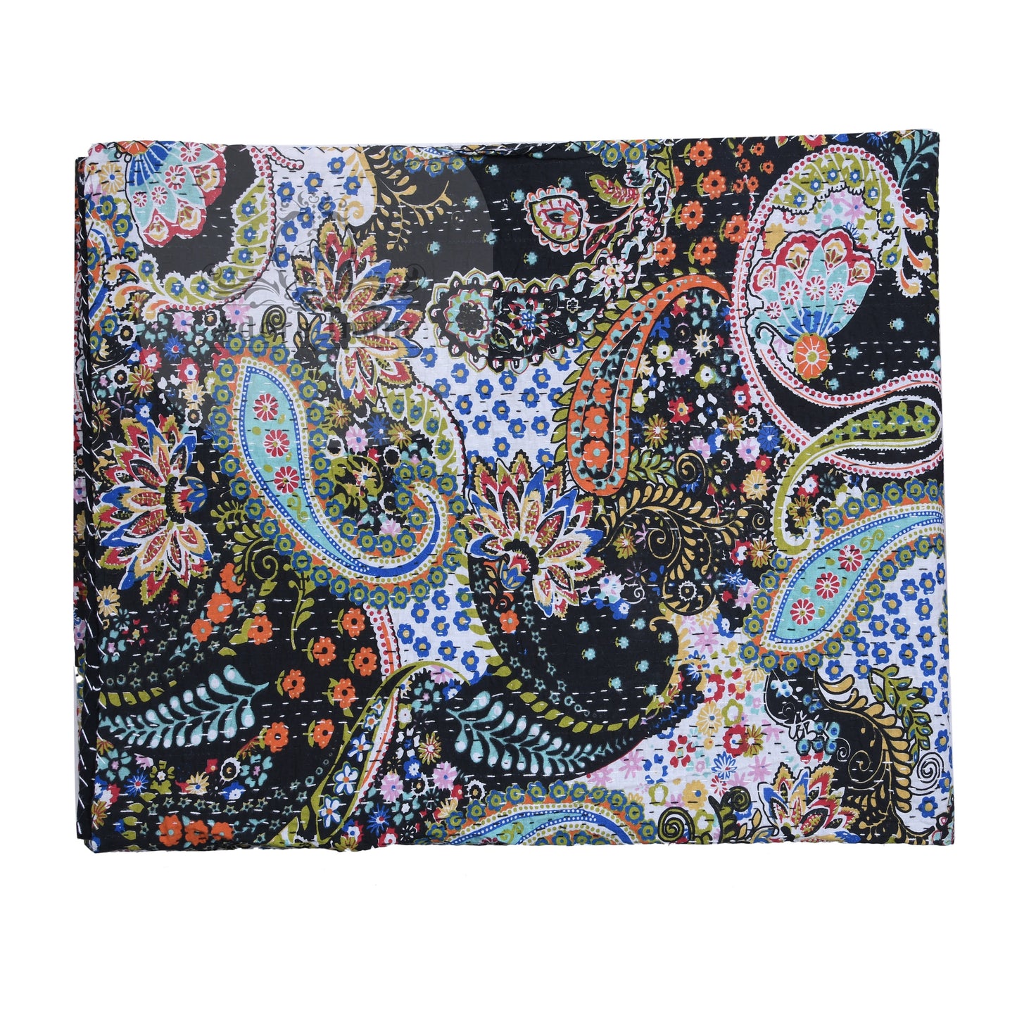 Handmade Black Paisley Print Cotton Reversible Kantha Quilt Bedspread Throw - Adore India   