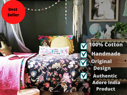 Hand Made Black Flower Printed Cotton Reversible Kantha Quilt Bedspread Throw Home Decor Art - Adore India   