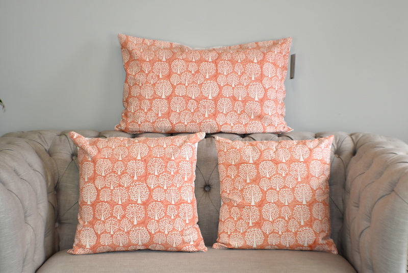 Tree of Life Coral Peach Hand Block Print Cushion 2Pcs - Adore India   