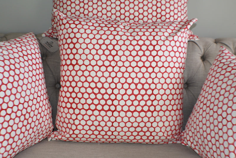 Red Polka Dot Block Print Canvas Cotton Cushion Cover Pillow 2Pcs - Adore India   
