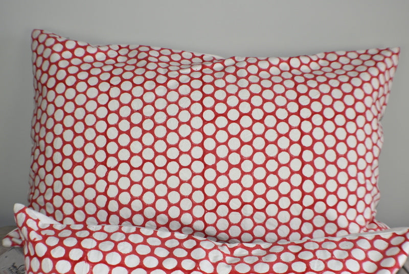 Red Polka Dot Block Print Canvas Cotton Cushion Cover Pillow 2Pcs - Adore India   