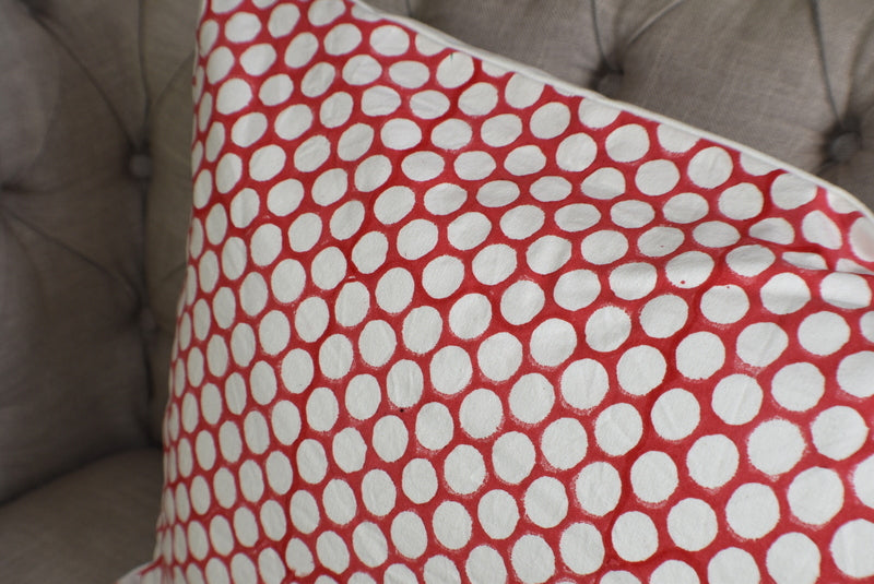 Red Polka Dot Block Print Canvas Cotton Cushion Cover Pillow 2Pcs - Adore India   