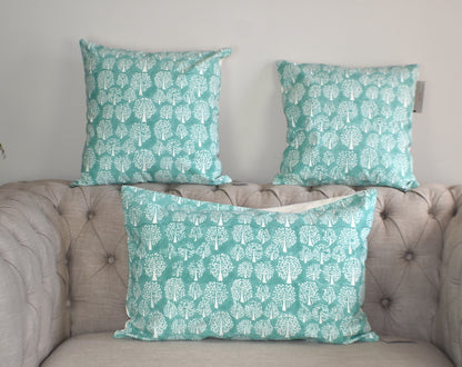 Tree of Life Turquoise Block Print Canvas Cotton Cushion Cover Pillow 2Pcs - Adore India   