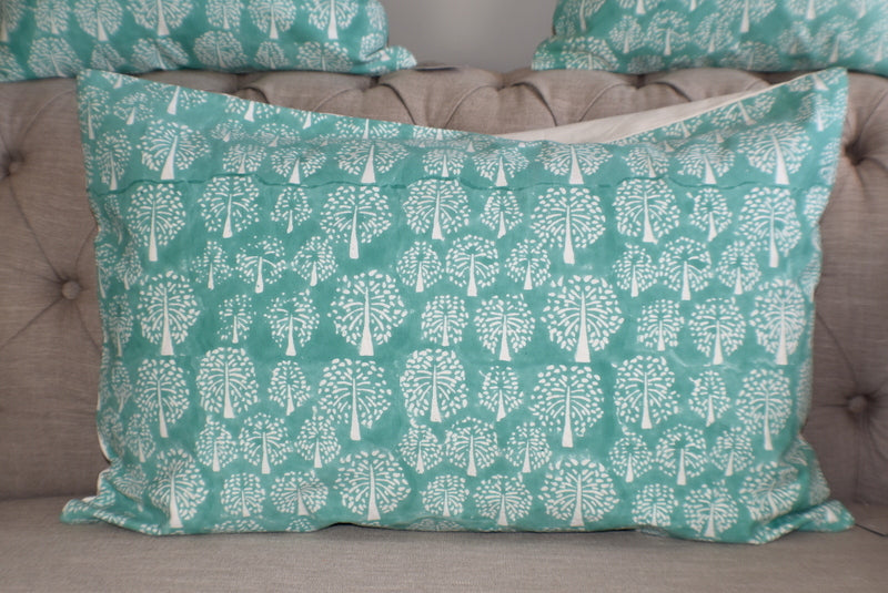Tree of Life Turquoise Block Print Canvas Cotton Cushion Cover Pillow 2Pcs - Adore India   