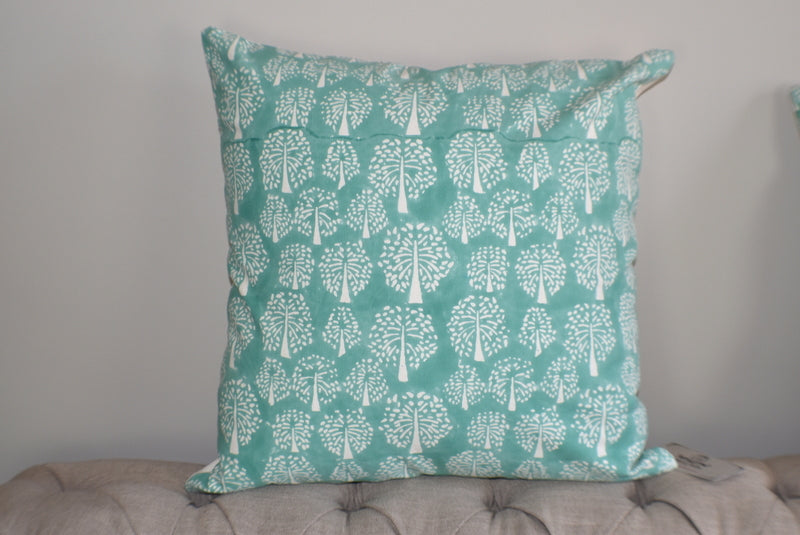 Tree of Life Turquoise Block Print Canvas Cotton Cushion Cover Pillow 2Pcs - Adore India   
