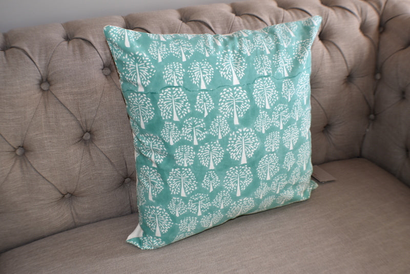 Tree of Life Turquoise Block Print Canvas Cotton Cushion Cover Pillow 2Pcs - Adore India   