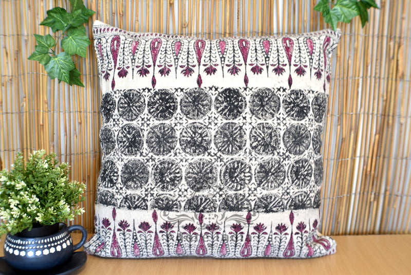 Block Print Tilak Cotton Dari Cushion Cover Burgundy Euro Size 65x65cm - Adore India   