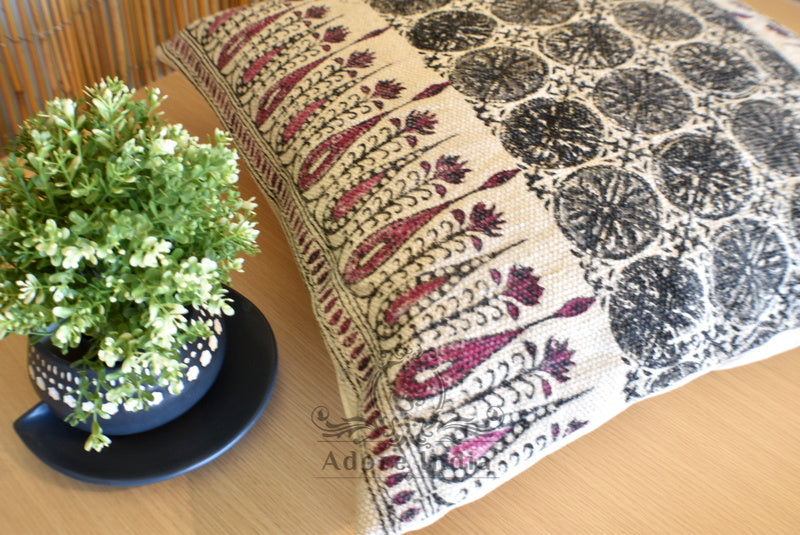 Block Print Tilak Cotton Dari Cushion Cover Burgundy Euro Size 65x65cm - Adore India   