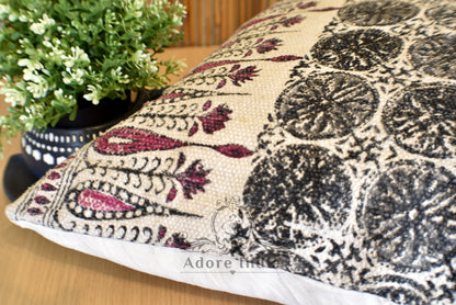 Block Print Tilak Cotton Dari Cushion Cover Burgundy Euro Size 65x65cm - Adore India   