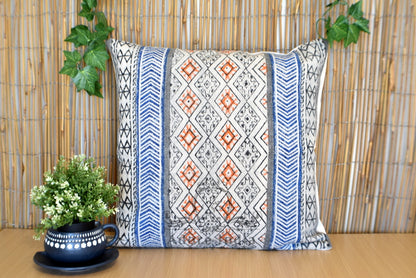 Geometrical Block Print Cotton Dari Cushion Cover Blue Org Size 65x65cm - Adore India   