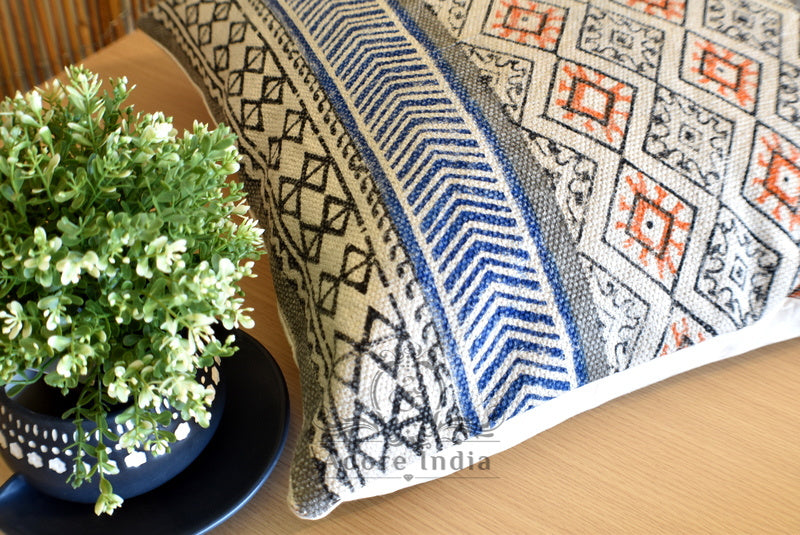 Geometrical Block Print Cotton Dari Cushion Cover Blue Org Size 65x65cm - Adore India   