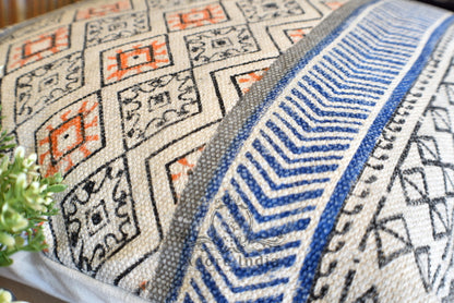 Geometrical Block Print Cotton Dari Cushion Cover Blue Org Size 65x65cm - Adore India   