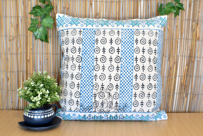 Block Print Star Cotton Dari Cushion Cover Teal Euro Size 65x65cm - Adore India   