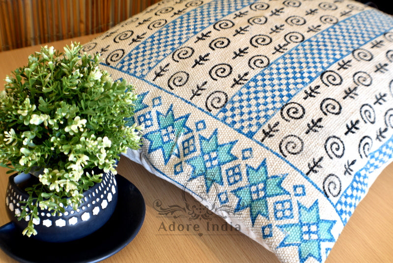 Block Print Star Cotton Dari Cushion Cover Teal Euro Size 65x65cm - Adore India   