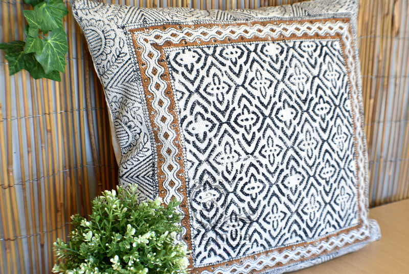 Block Print Wave Cotton Dari Cushion Cover Mustard Euro Size 65x65cm - Adore India   