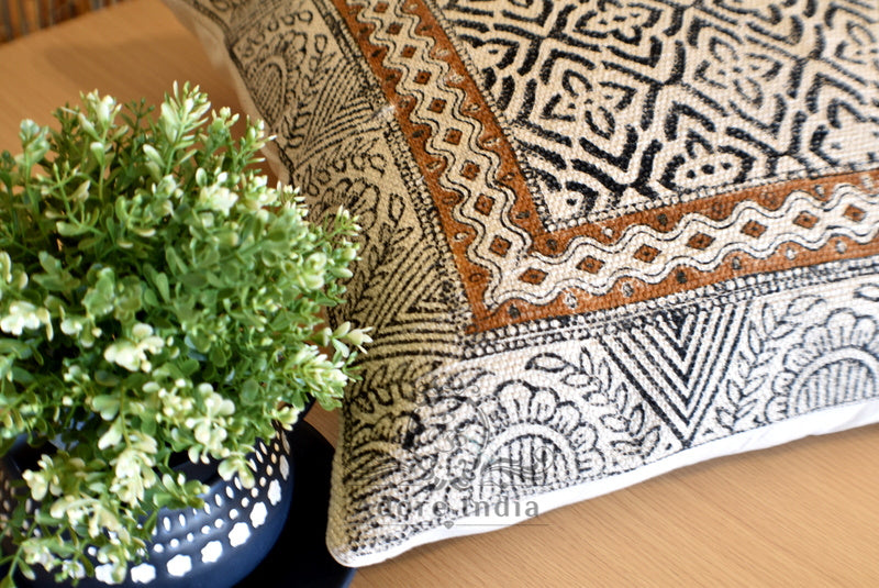 Block Print Wave Cotton Dari Cushion Cover Mustard Euro Size 65x65cm - Adore India   