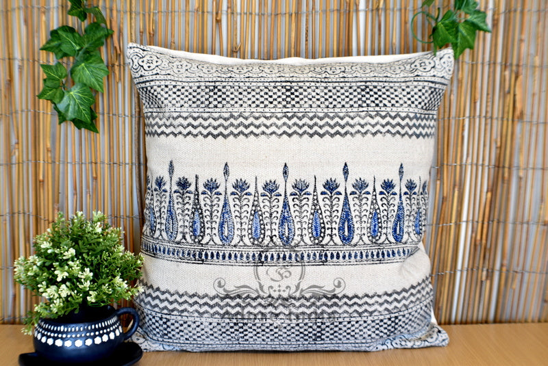 Block Print Tilak Cotton Dari Cushion Cover Blue Size 65x65cm - Adore India   
