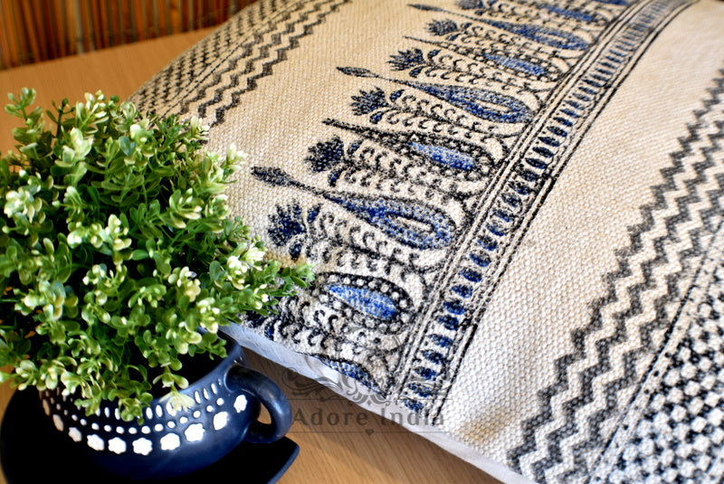 Block Print Tilak Cotton Dari Cushion Cover Blue Size 65x65cm - Adore India   