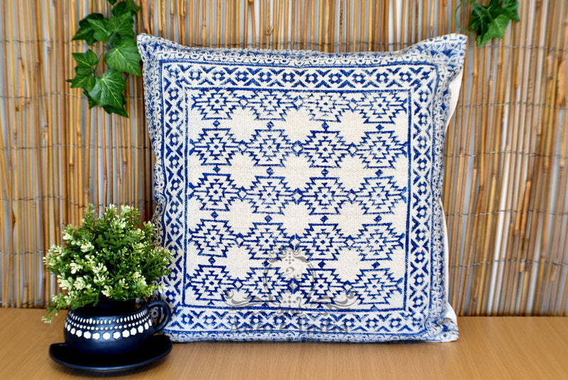 Block Print Aztec Indigo Cotton Dari Cushion Cover Euro Size 65x65cm - Adore India   