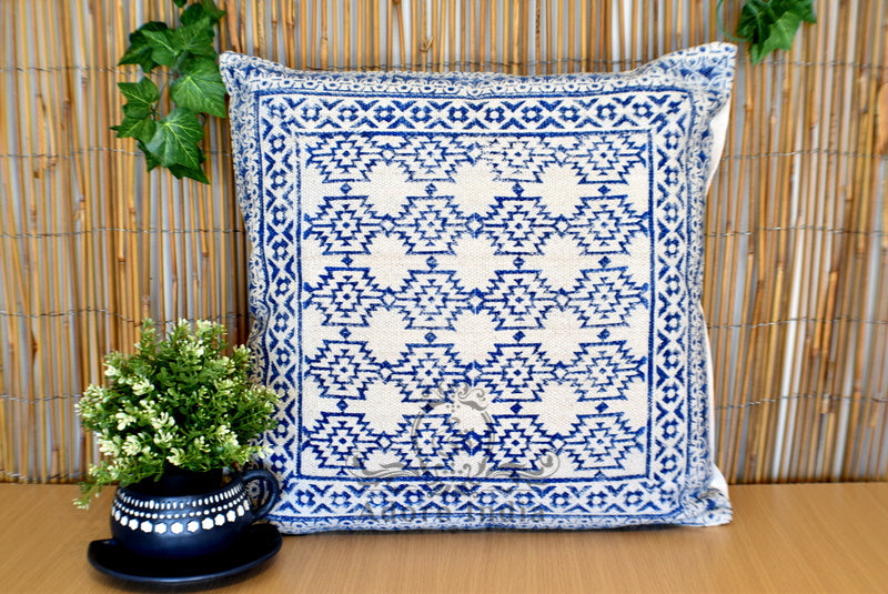 Block Print Aztec Indigo Cotton Dari Cushion Cover Euro Size 65x65cm - Adore India   