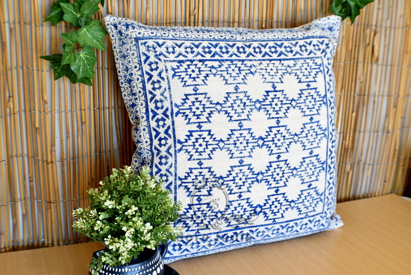 Block Print Aztec Indigo Cotton Dari Cushion Cover Euro Size 65x65cm - Adore India   