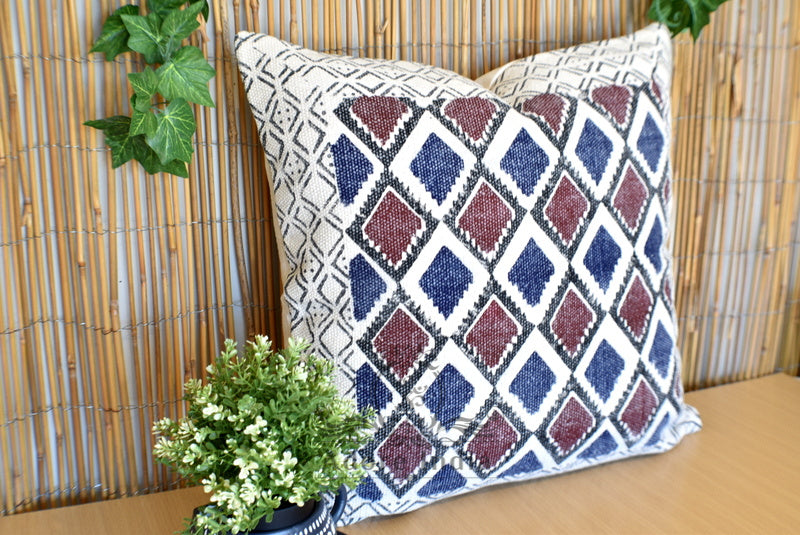 Geometrical Block Print Indigo Burgundy Cotton Dari Cushion Cover Euro Size 65x65cm - Adore India   