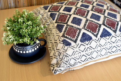 Geometrical Block Print Indigo Burgundy Cotton Dari Cushion Cover Euro Size 65x65cm - Adore India   