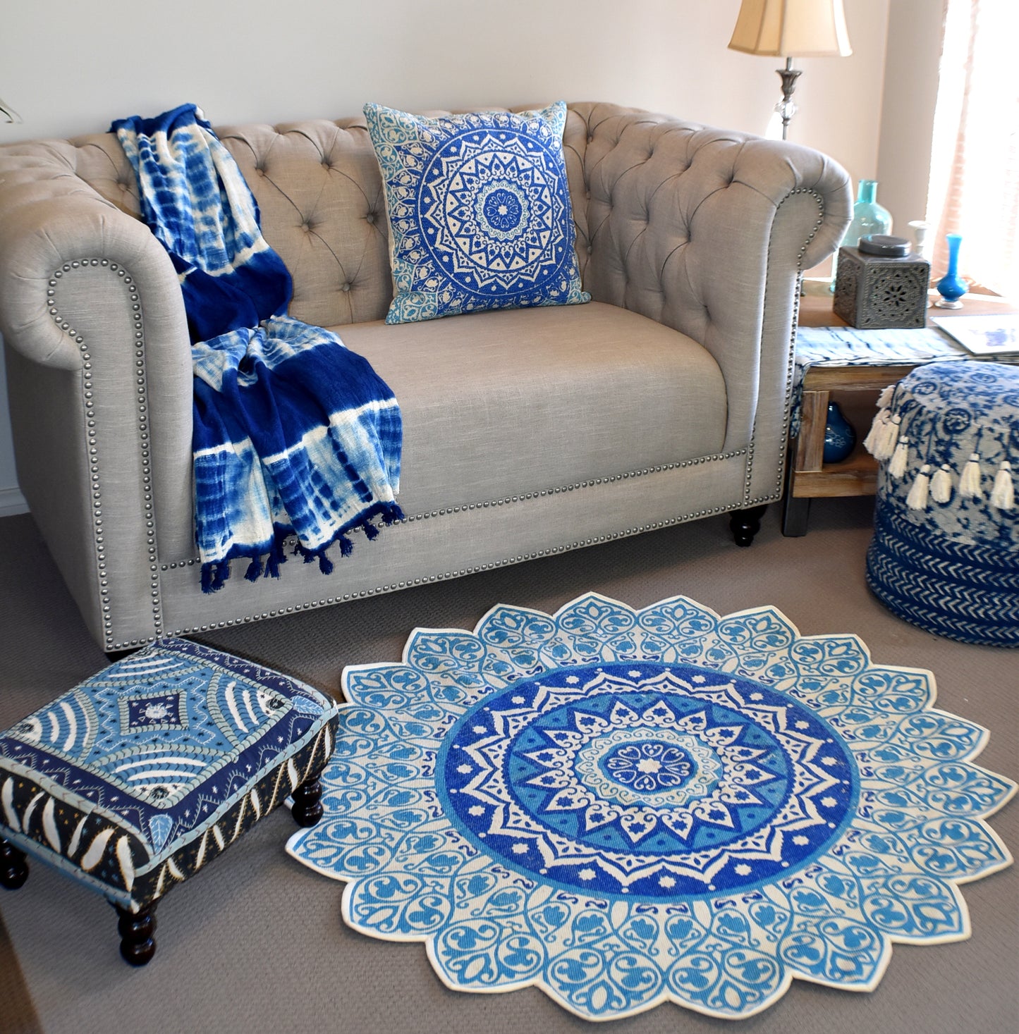 Handmade Blue Mandala Block Print Cotton Dhurrie Carpet Rug - Adore India   