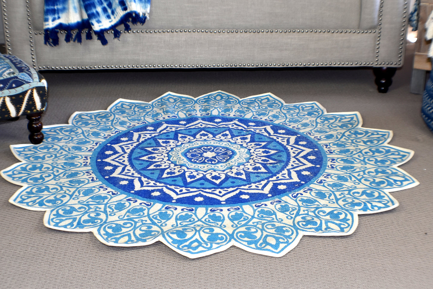 Handmade Blue Mandala Block Print Cotton Dhurrie Carpet Rug - Adore India   