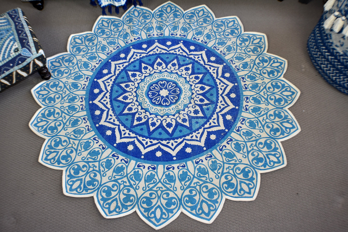 Handmade Blue Mandala Block Print Cotton Dhurrie Carpet Rug - Adore India   