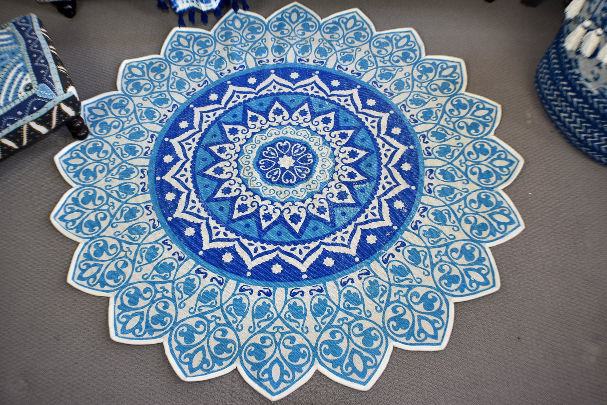 Handmade Blue Mandala Block Print Cotton Dhurrie Carpet Rug - Adore India   
