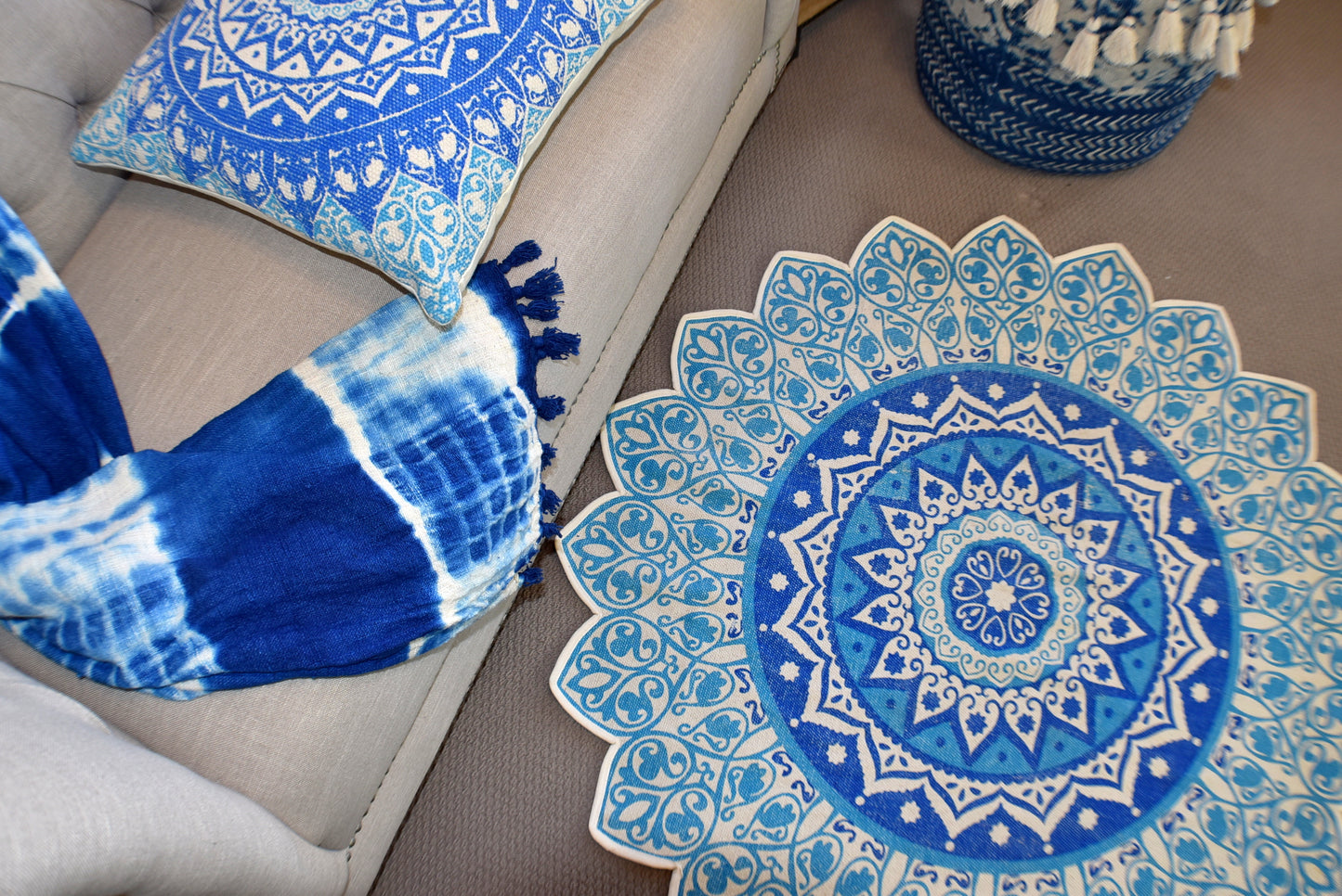 Handmade Blue Mandala Block Print Cotton Dhurrie Carpet Rug - Adore India   