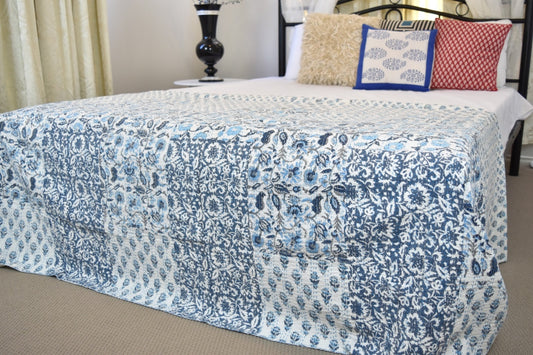 Handmade Hand Block Patchwork Cotton Reversible Kantha Quilt Bedspread Throw - Adore India   
